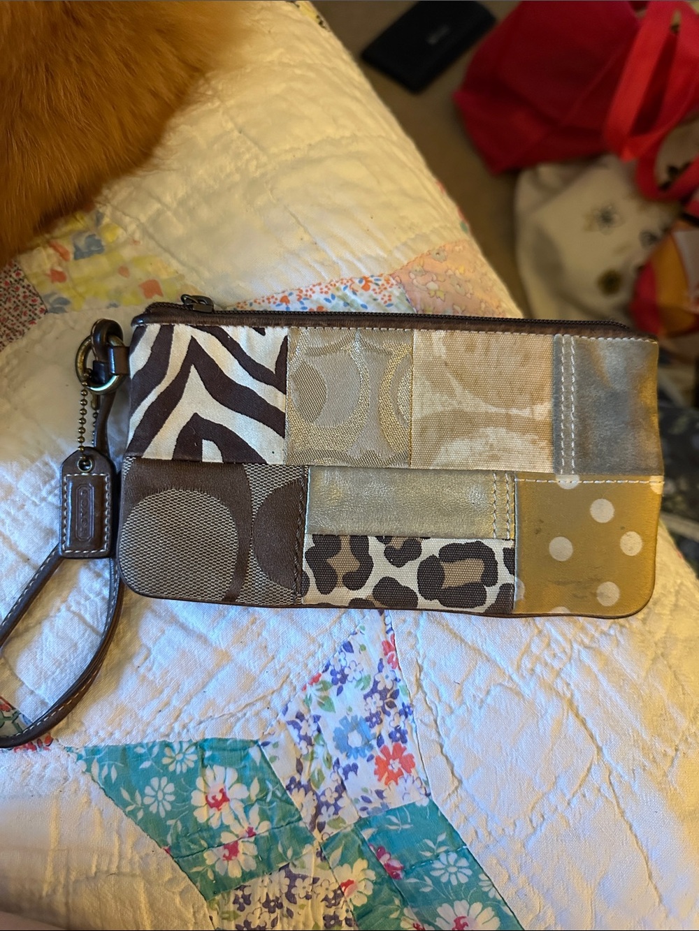 Coach Patchwork Wristlet — Brown, Tan & Cream Multi-Pattern Leather & Suede